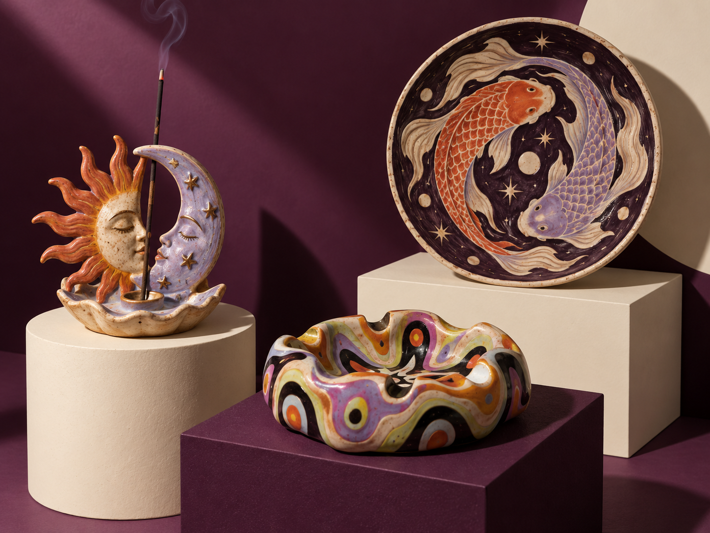 Peças de incensário, cinzeiro e prato decorativo artesanal